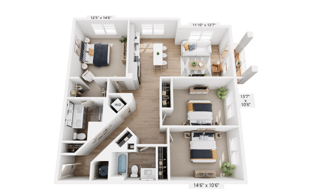 C - 3 bedroom floor plan layout with 2 bathrooms and 1360 square feet