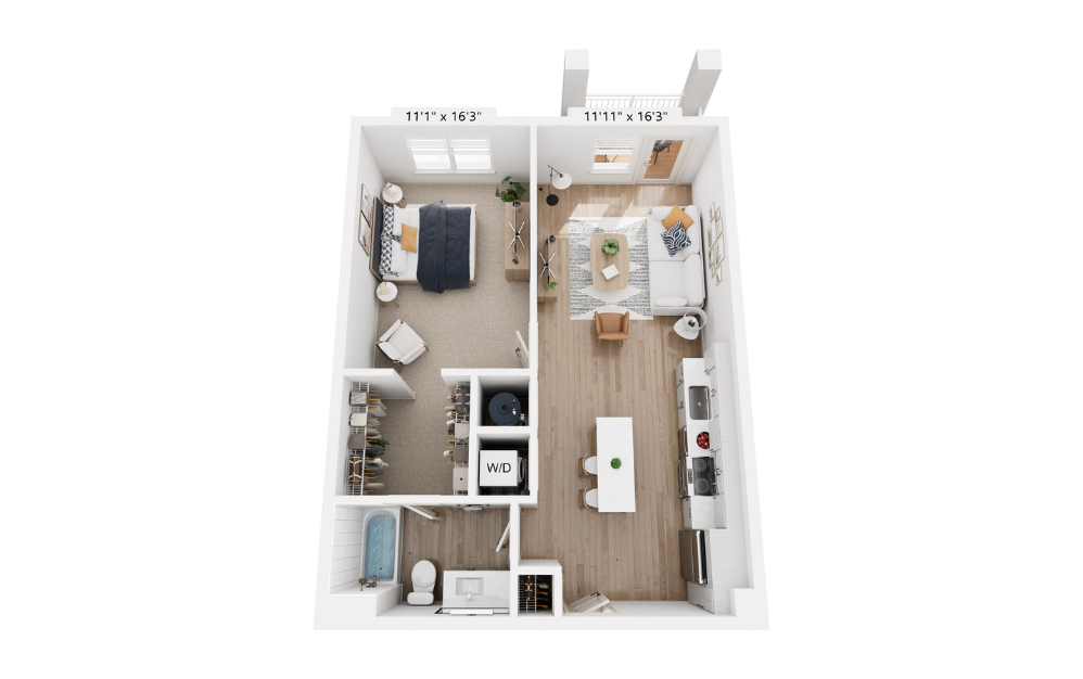 A - 1 bedroom floor plan layout with 1 bathroom and 738 square feet