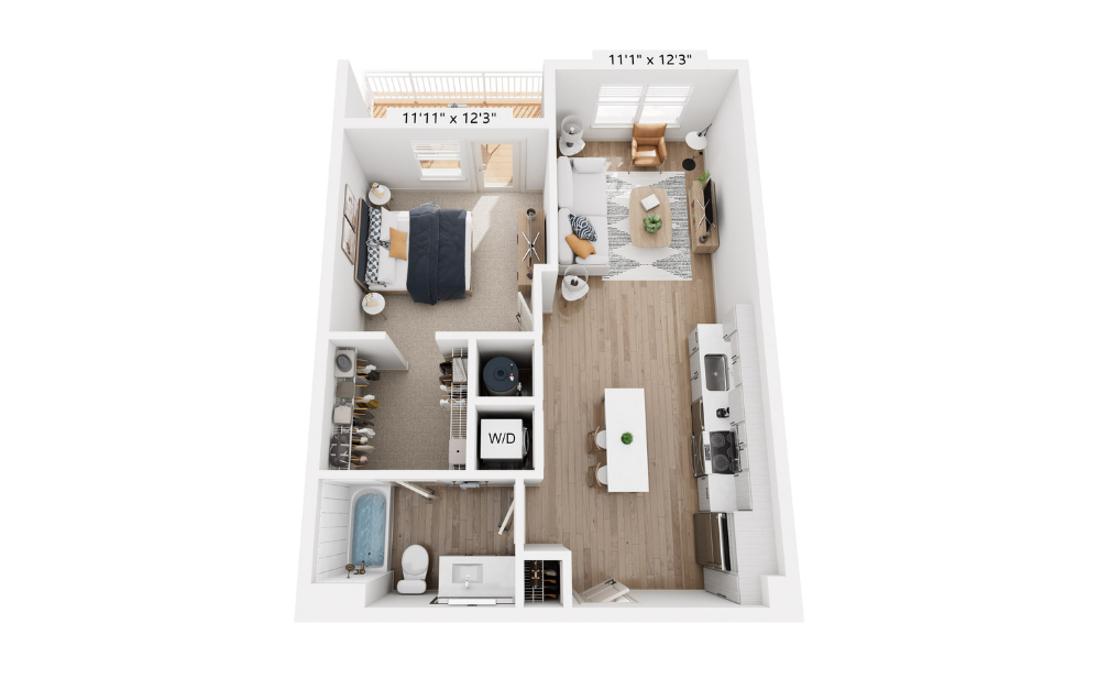 A1 - 1 bedroom floor plan layout with 1 bathroom and 690 square feet