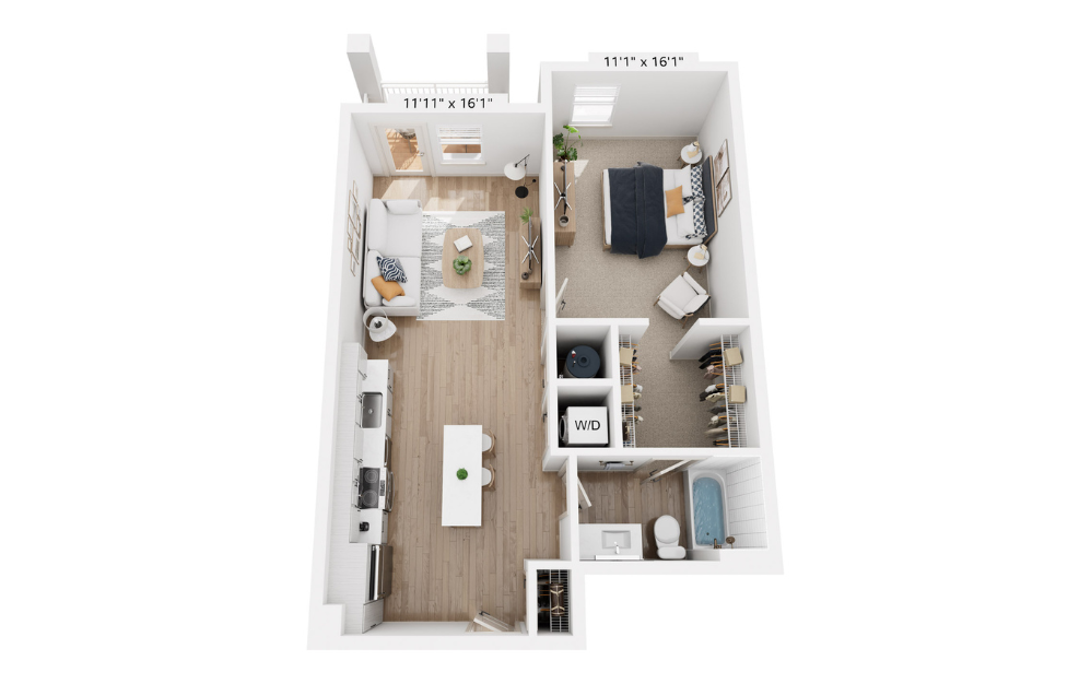 A3 - 1 bedroom floor plan layout with 1 bathroom and 743 square feet