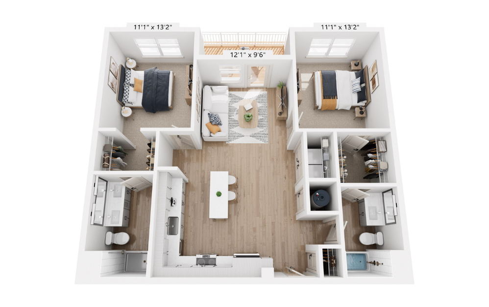 B - 2 bedroom floor plan layout with 2 bathrooms and 1050 square feet