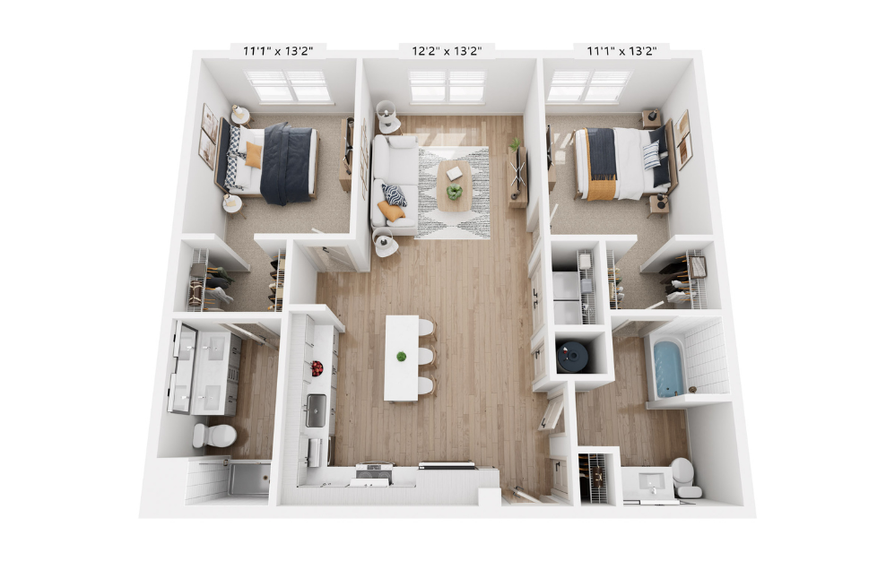 B1A - 2 bedroom floor plan layout with 2 bathrooms and 1097 square feet