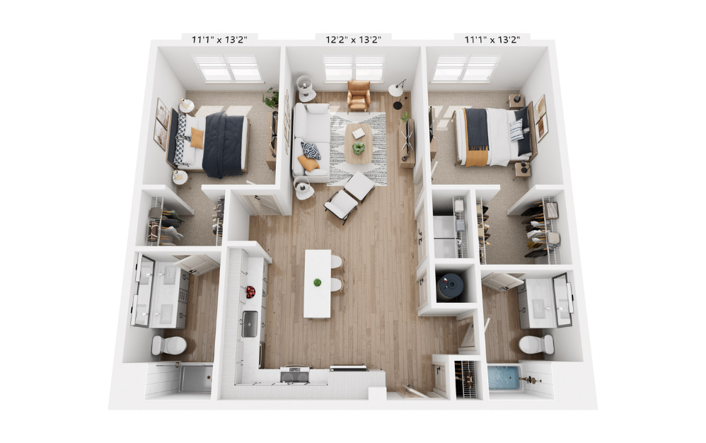 B1 - 2 bedroom floor plan layout with 2 bathrooms and 1097 square feet