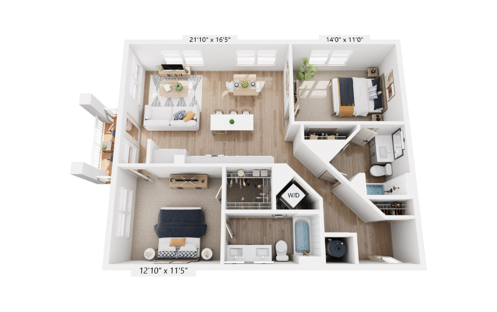 B2 - 2 bedroom floor plan layout with 2 bathrooms and 1062 square feet