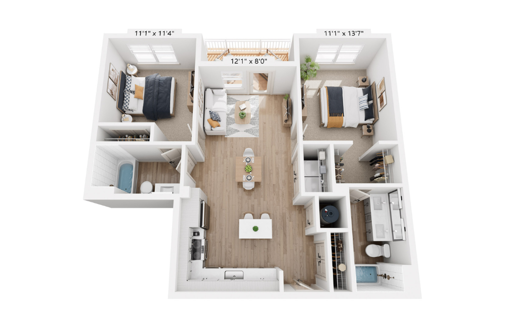 B3 - 2 bedroom floor plan layout with 2 bathrooms and 950 square feet