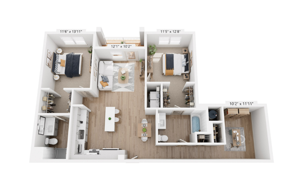 B5A - 2 bedroom floor plan layout with 2 bathrooms and 1242 square feet