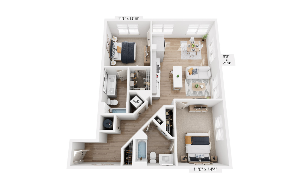 B6 - 2 bedroom floor plan layout with 2 bathrooms and 1097 square feet