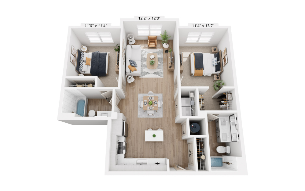 B7 - 2 bedroom floor plan layout with 2 bathrooms and 1022 square feet