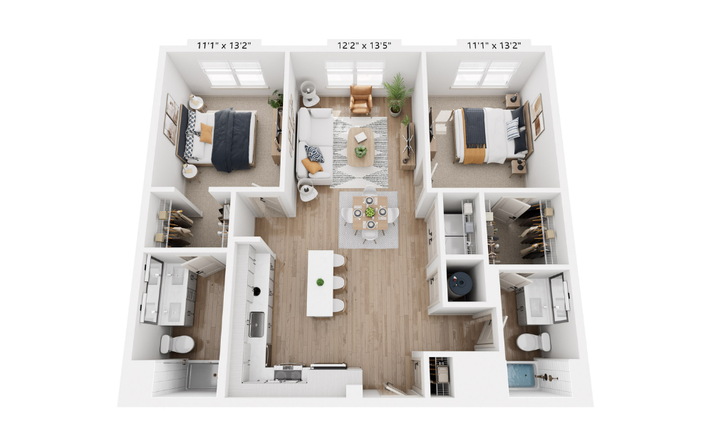 B8 - 2 bedroom floor plan layout with 2 bathrooms and 1097 square feet