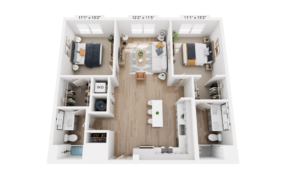 B9 - 2 bedroom floor plan layout with 2 bathrooms and 1097 square feet