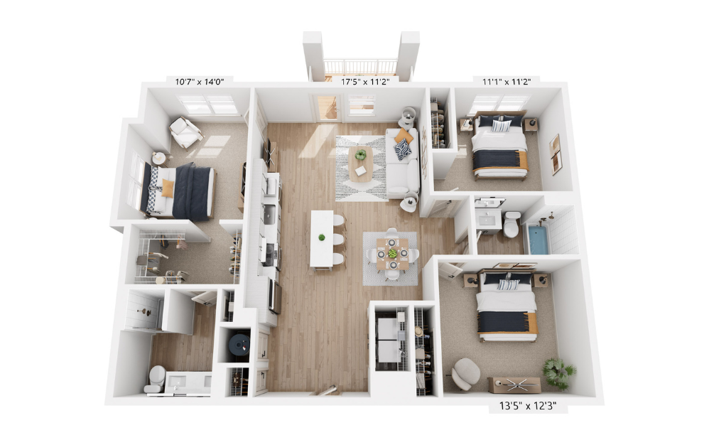 C1 - 3 bedroom floor plan layout with 2 bathrooms and 1345 square feet
